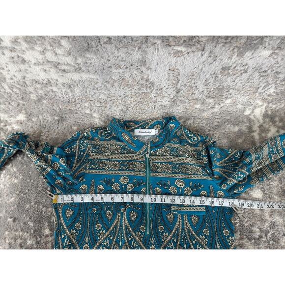 Ninedaily Womens Size S Floral Stretch 1/4 Zip Top Blue Roll Tab Sleeve - Picture 7 of 11